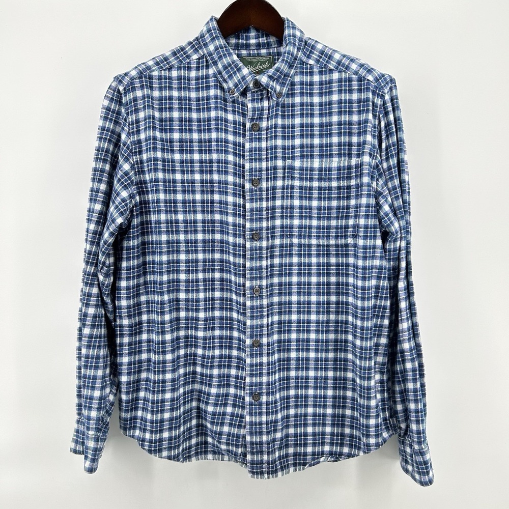 Woolrich Woolen Mills Flannel Shirt Mens Large Blue Plaid Button Up Heritage VTG